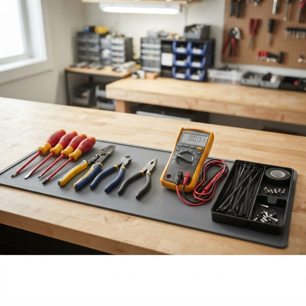 Professional electrical tools including screwdrivers, wire strippers and a multimeter laid out on a workbench